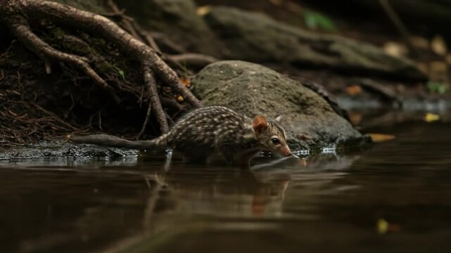 Dasyure Drinks in Forest Stream: Spotted Quoll in Natural Habitat
