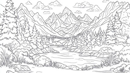 Naklejka premium Mountain Landscape Coloring Page (2)