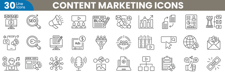 Content marketing line editable icons set. Content strategy, blog post, SEO, keyword, target audience, analytics, calendar, social media, email marketing and more. Vector illustration