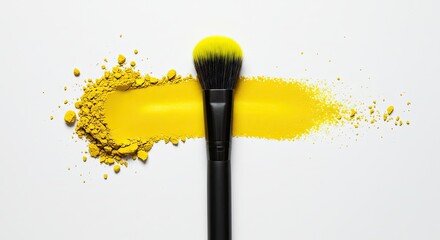 Makeup Brush with Yellow Powder Spread on White Surface, Beauty Flat Lay