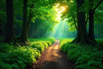 Fototapeta premium Sun-Dappled Path Through Lush Forest A Journey Towards Tranquility and Discovery
