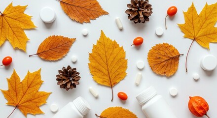 Autumn Leaves and Pine Cones with Pills and Bottles, Health in Nature Concept