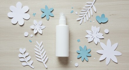 White Pump Bottle with Blue Paper Flowers on Wood, Clean Beauty Concept