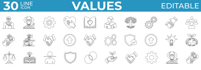Clean icons for core values, ethics, teamwork, and leadership design


