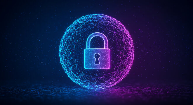 Futuristic cybersecurity concept with a glowing neon padlock icon inside a digital sphere on a dark background