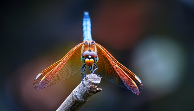 close up image of a vibrant orange and blue dragonfly perched on a dark textured twig with detailed intricate wings against a softly blurred dark background - Powered by Adobe