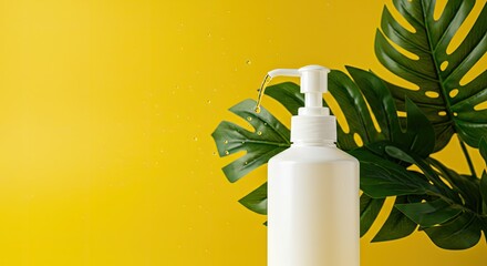 White Pump Bottle with Green Leaves on Yellow Background, Skincare Concept