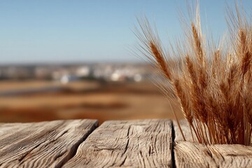 Wheat stalks atop wooden surface with blurred landscape in the background on a clear day