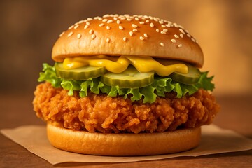 Delicious crispy fried chicken burger with pickles and mustard on sesame seed bun