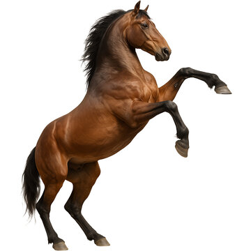Realistic horse rearing up with front legs raised on white background