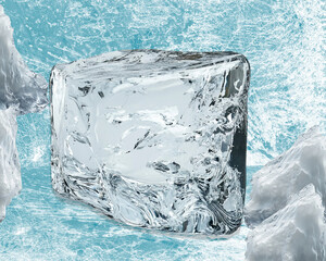 A large clear ice cube rests on a frozen surface with icy formations surrounding it