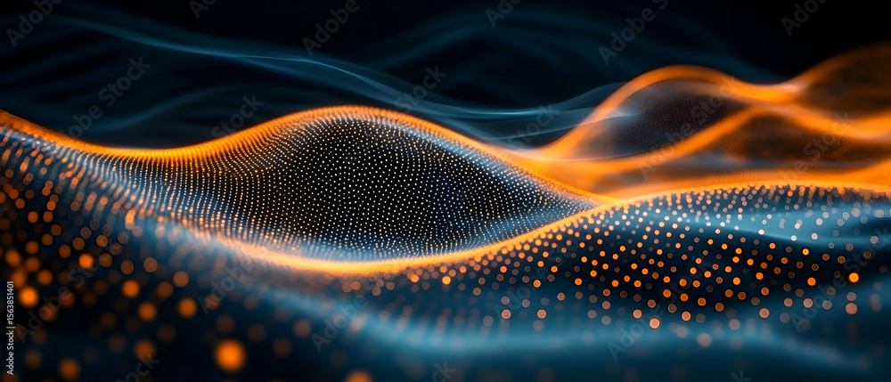 Poster abstract digital wave background with glowing orange and blue particles, perfect for tech, science, 