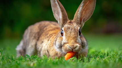 Fototapeta premium A rabbit nibbling on a carrot with a green grass background