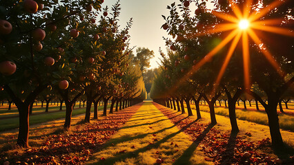 Creative autumn landscape with golden tree leaves falling gently on the first day of fall forest path surrounded by maple trees under bright warm sunlight natural seasonal sun shining through trees