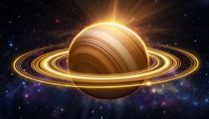 glowing golden planet with bright illuminated rings surrounded by stars in space