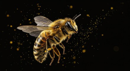 Flying Bee with Pollen Against Black Background, Macro Wildlife Close-Up