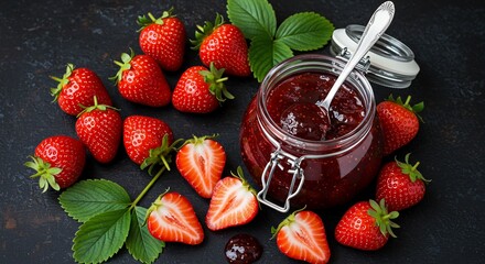 Strawberry jam with fresh berries preparation overhead food still life