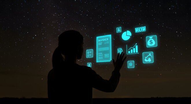 Silhouette Interacting with Futuristic Financial Interface Under Starry Sky