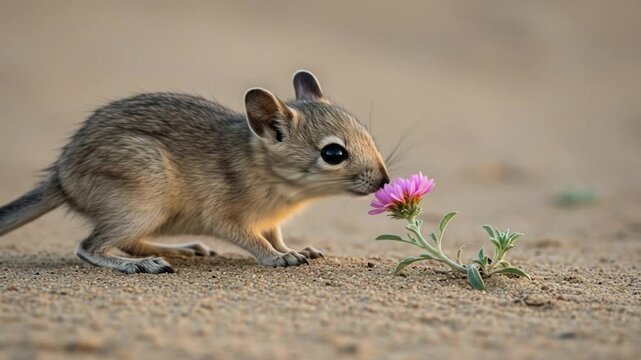 Desert Jerboa Sniffs a Delicate Pink Flower in Sandy Habitat - Wildlife Beauty