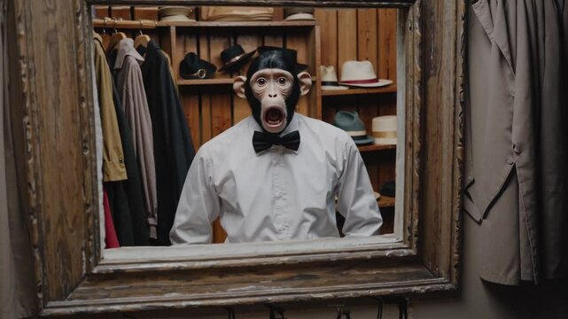  Singe en chemise et n&oelig;ud papillon criant dans un miroir