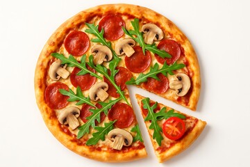 Delicious pepperoni mushroom pizza with fresh arugula and tomato slice