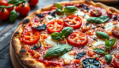 Close-up of a rustic margherita pizza with vibrant basil and ripe tomatoes,  delicious,  cuisine