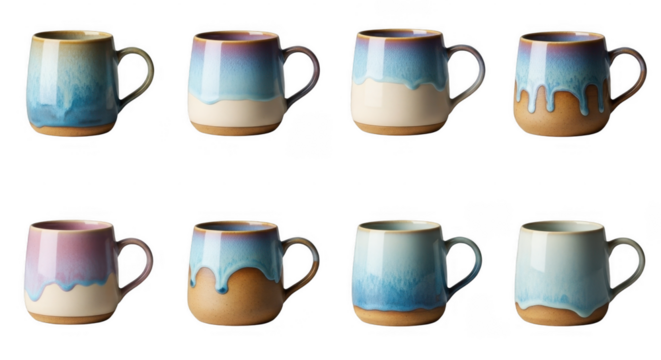 A Stylish Array of Ceramic Mugs in Various Designs, Suitable for Home Decor and Beverage Photography, isolated on a transparent background - Powered by Adobe