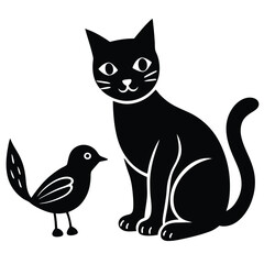 Stylized Black Cat and Bird Illustration Featuring Simple Shapes and Contrasting Colors Creating a Charming and Playful Design