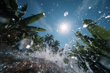 Naklejka premium Splashing water catches sunlight among tropical greenery during summer vacation Generative AI