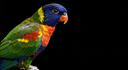 Vibrant Rainbow Lorikeet on Black Background, Wildlife Close-Up Portrait