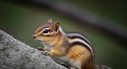 Adorable chipmunk standing on a stone, with detailed stripes and curious expression against a blurred background.