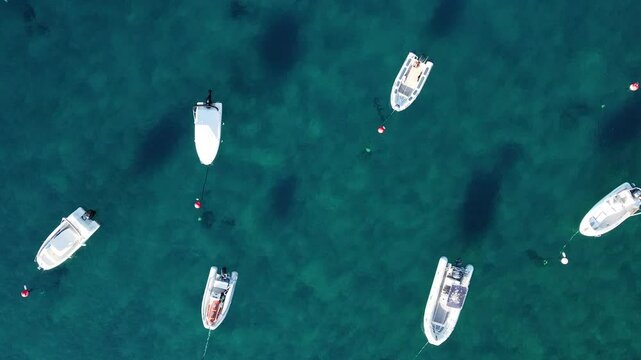 Aerial view of boats in the bay of Tossa de Mar, Catalonia, Spain