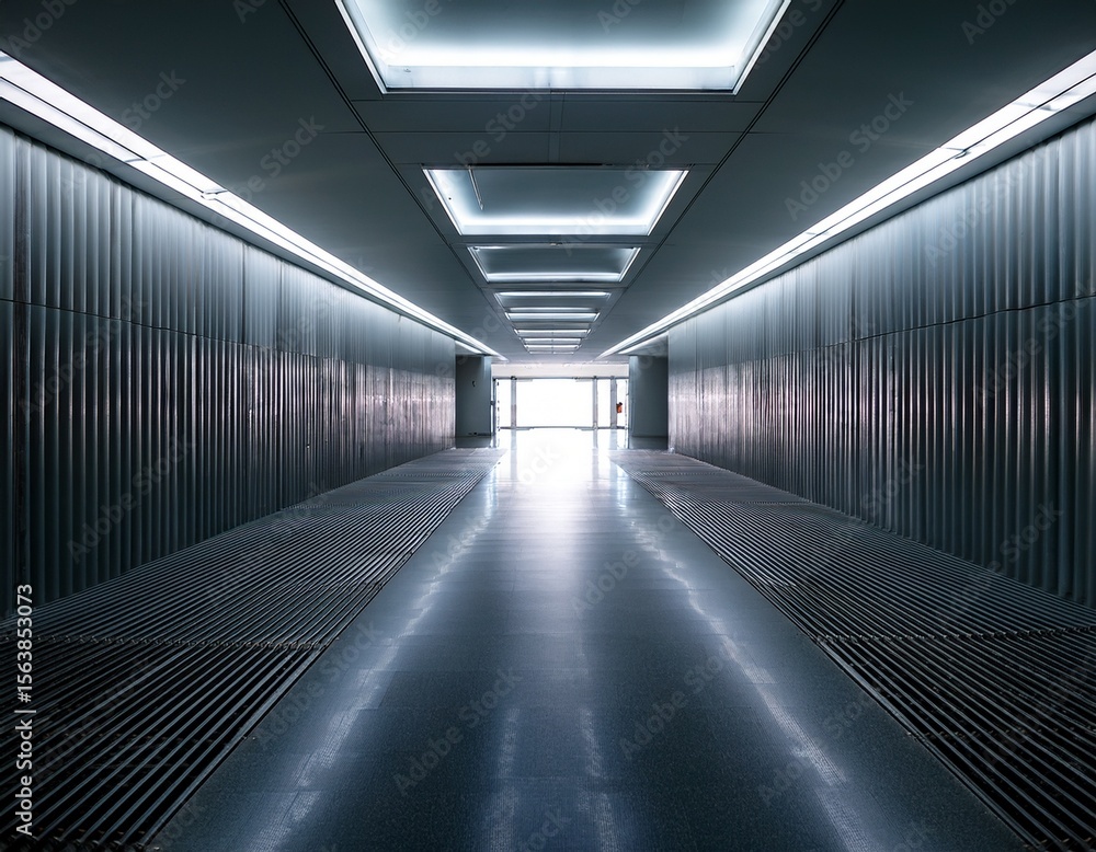 Poster empty modern corridor with polished floor and illuminated rectangular ceiling lights leading to a br