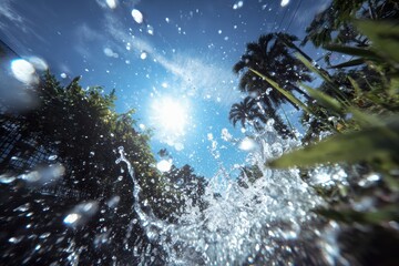 Bright summer vacation captures lens flare and splashes in serene outdoor setting Generative AI