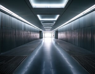 Naklejka premium empty modern corridor with polished floor and illuminated rectangular ceiling lights leading to a bright square window at the end creating a futuristic and mysterious atmosphere