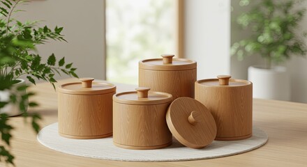 Wooden Containers on Mat with Tilted Lid, Natural Decor and Plant Ambience