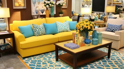 A sunny living room featuring a vibrant yellow sofa and decorative accents.