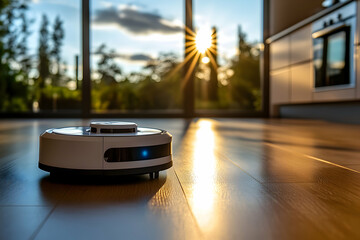 Robotic vacuum cleaner on hardwood floor at sunset, modern home interior.