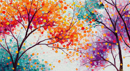 Abstract trees with beautiful colorful leaves, a 3D wall mural for living room decor, vector, flower, pattern, design,