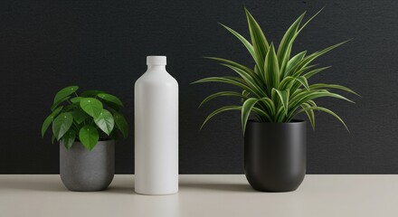 Minimalist Indoor Decor with Green Plants and White Bottle Accent