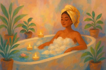  Cozy Home Spa – Woman Relaxing in Bubble Bath (Digital Illustration)