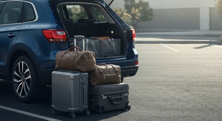 Vehicle open trunk filled with luggage for travel