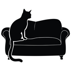 Elegant Black Cat Perched on a Stylish Sofa Silhouette Depicting Feline Comfort and Domestic Harmony in Simple Design