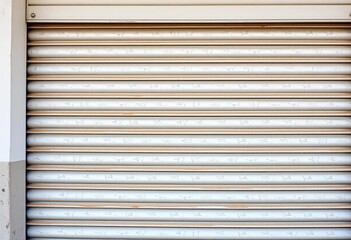 Obraz premium Close-up of textured steel roller shutter door against white-grey backdrop, white background, modern