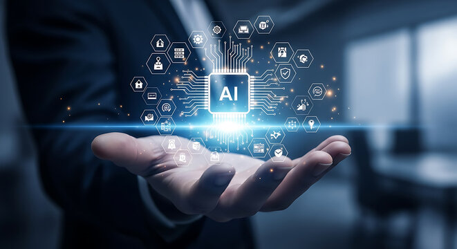 Artificial intelligence chip with connected icons technology data