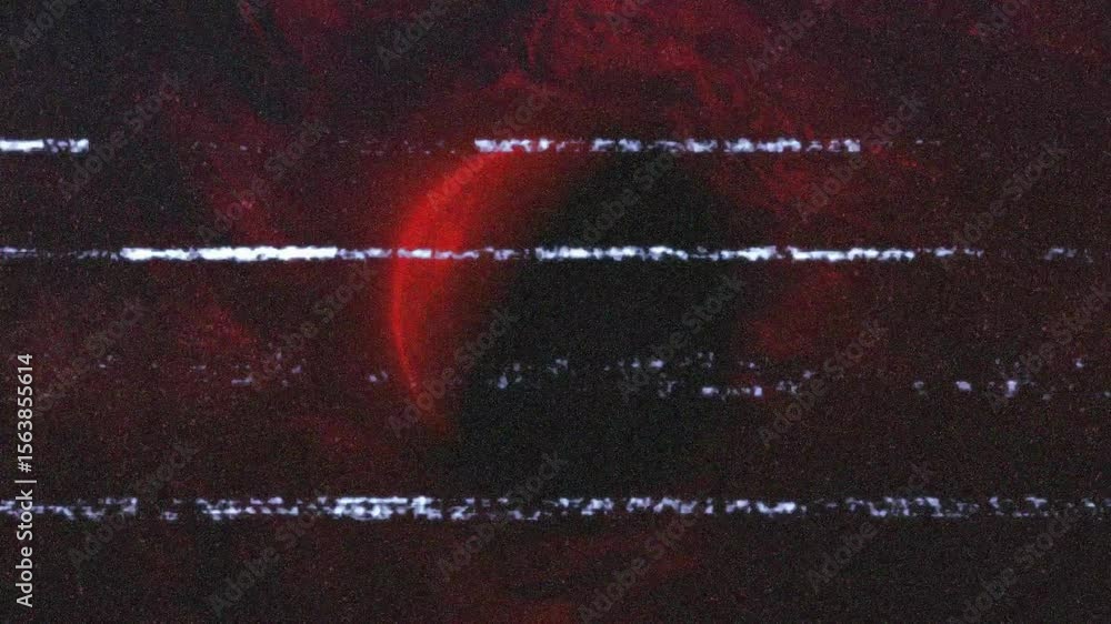 Poster glitch artifacts initiating static sweep across cosmic glowing red sphere, simulating glitch effect