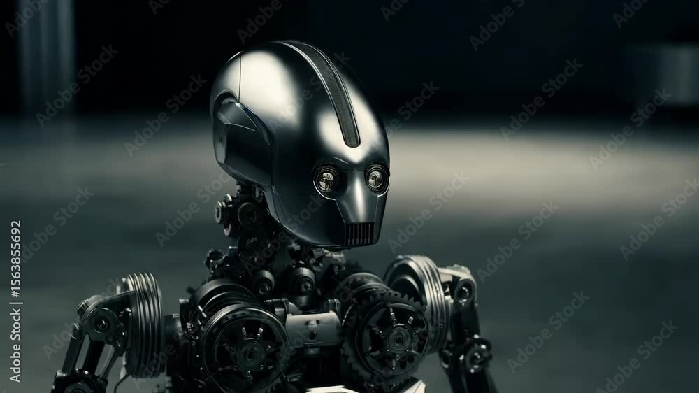 Poster futuristic robot head movement with mechanical precision in low light tech environment