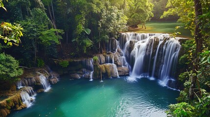 Fototapeta na wymiar Panoramic Beautiful Deep Forest Waterfall in Thailand: Tropical Jungle Cascades, Scenic Natural Wonders, and Thai Wilderness Landscapes