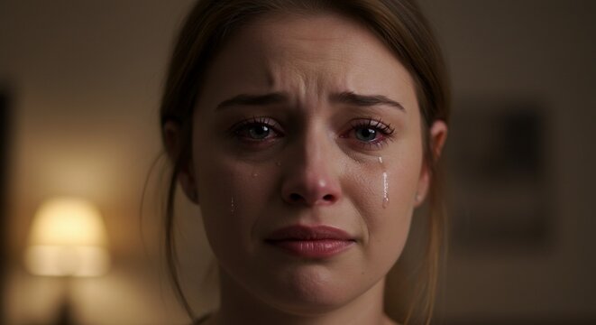 Woman crying showing sadness in dark room
