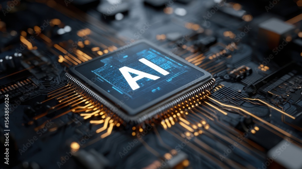 Poster close up of a central processing unit with ai illuminated on a dark circuit board